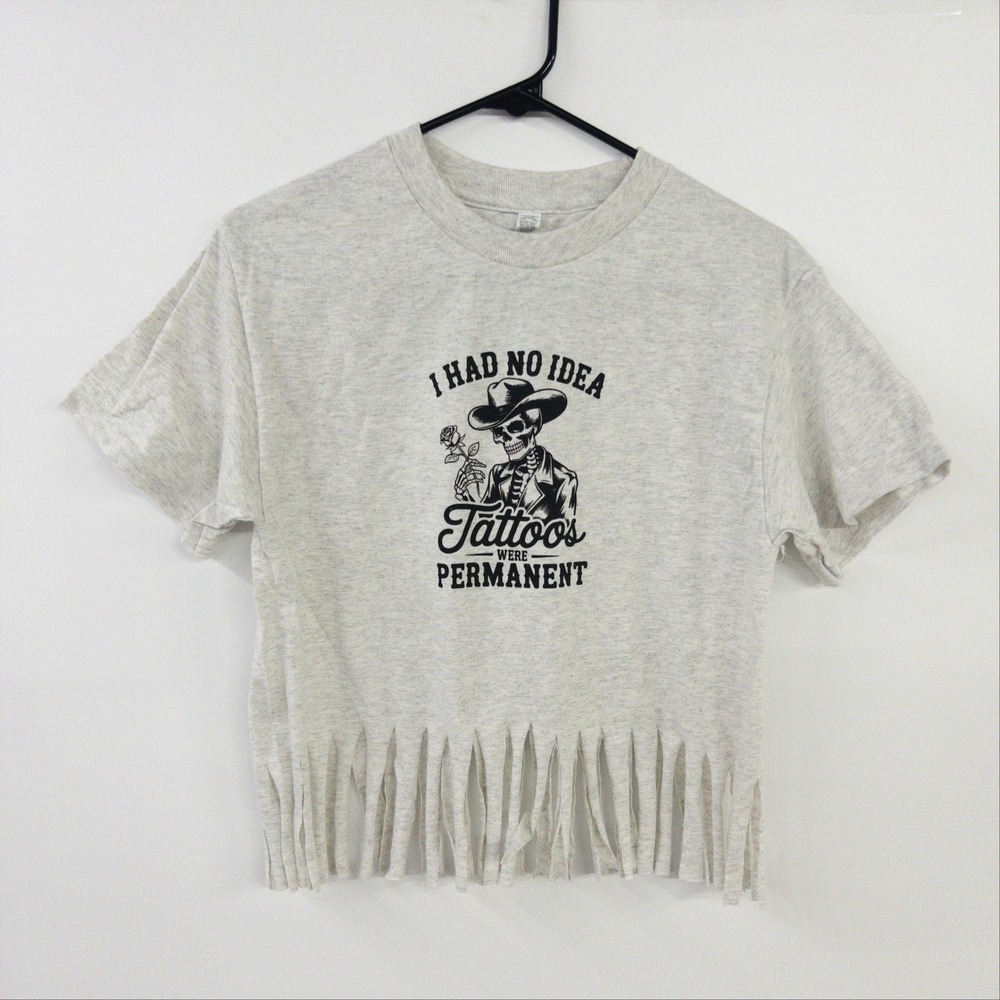 Western‎ Skeleton Graphic Fringe Hem Crop Top Small Gray Heather Rocker Biker